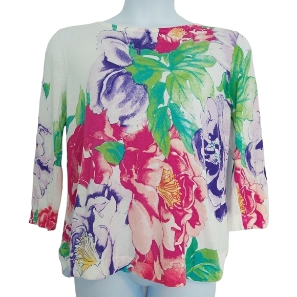 Chico's Floral Regal Rose Scoop Neck 3/4 Sleeve Lightweight Pullover Sweater - Picture 1 of 9